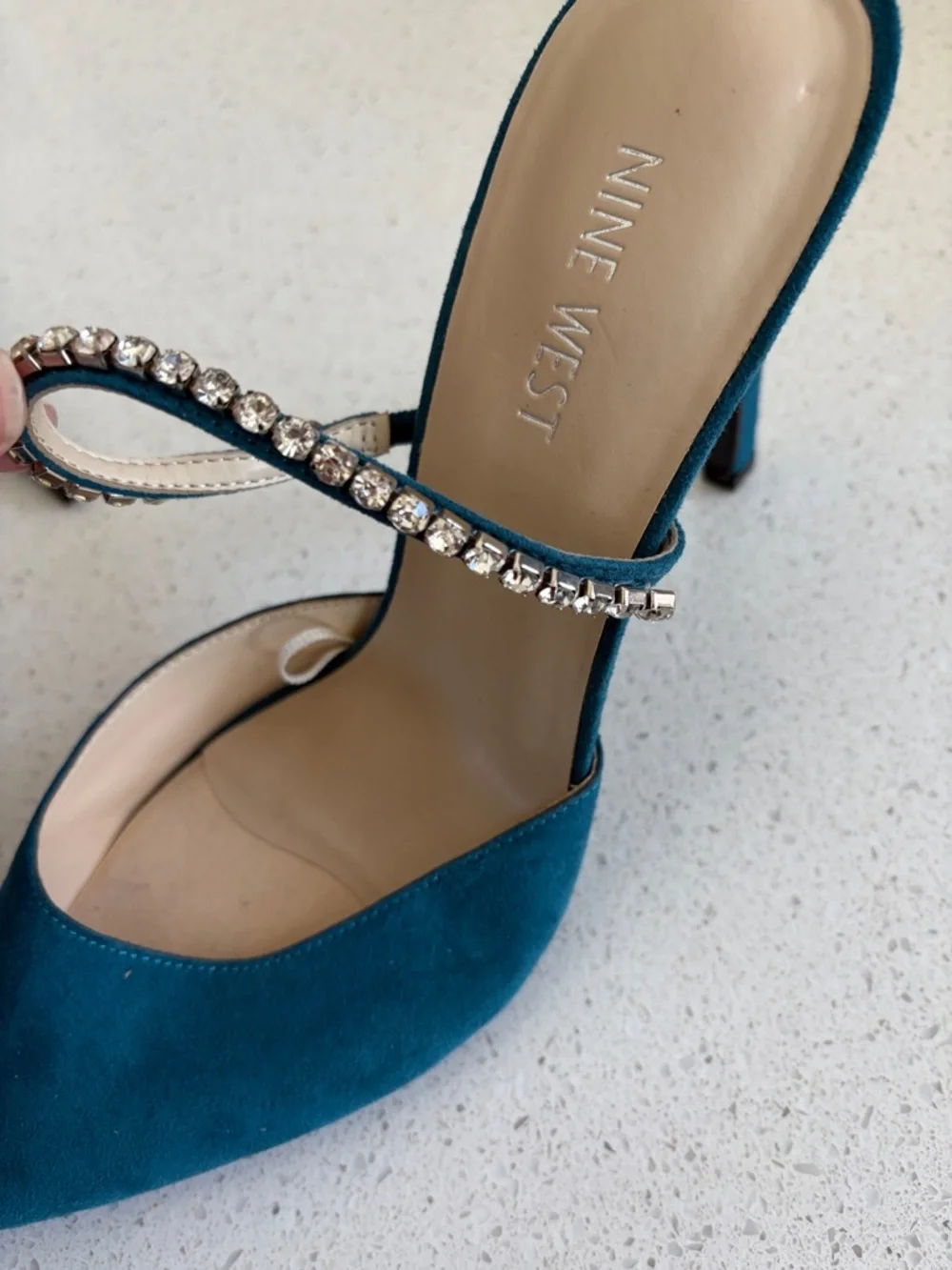 Nine West Teal Pointed-Toe Crystal Strap Mule Heels - Picture 3 of 4